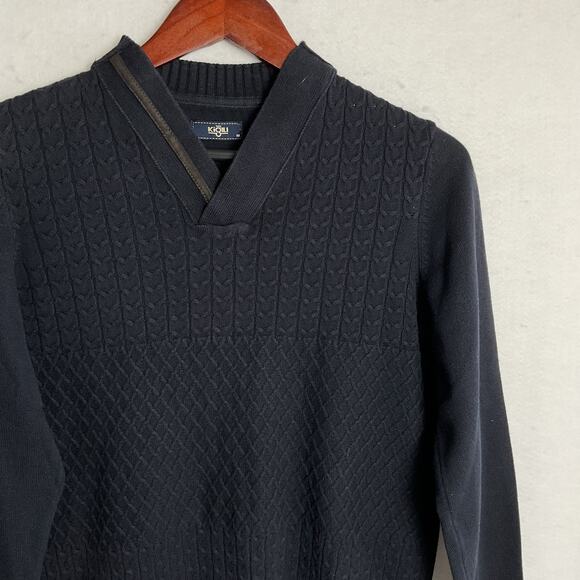 Kigili Mens Pullover Cable Knit V Neck Sweater Wool Cotton Blend Navy Medium - Picture 3 of 12